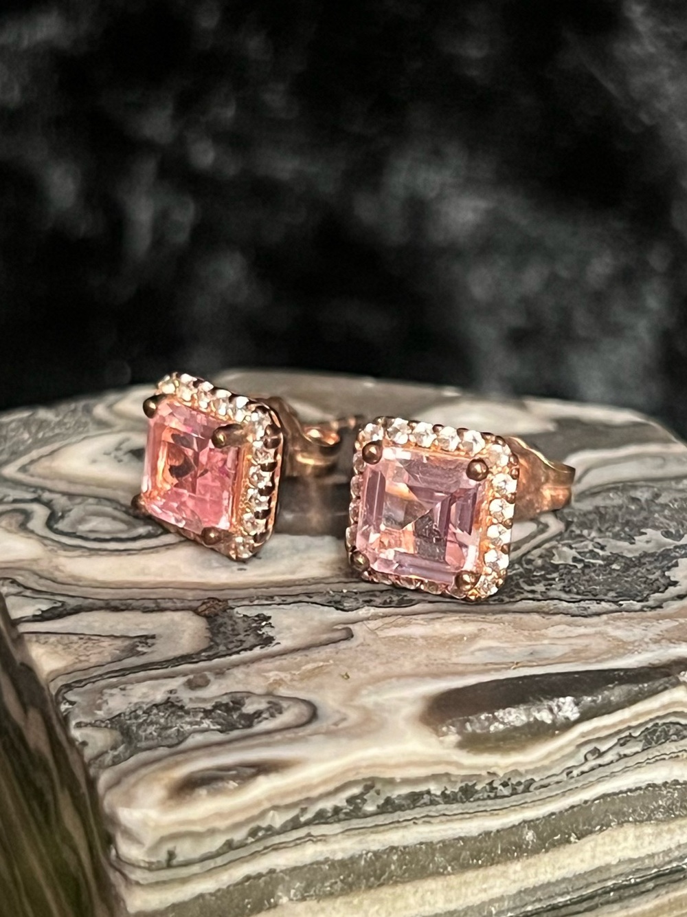 Rose Gold Pink Square Stone Halo 925 Silver Stud Earrings